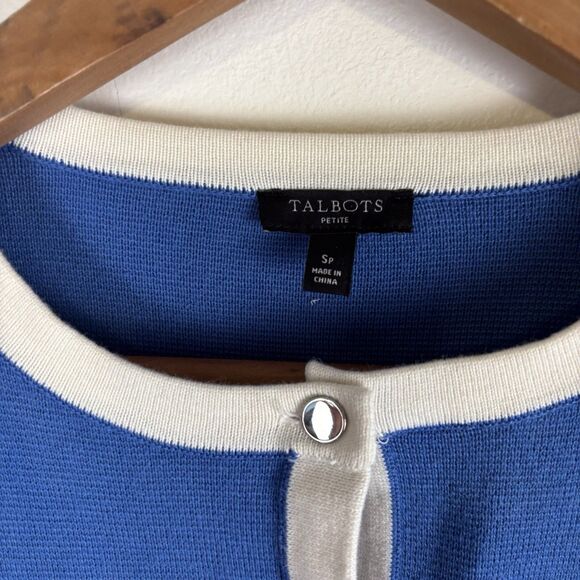 Talbots Grace Tipped Cardigan Women's Sz SP Capri Blue/Ivory Career Old Money - Picture 6 of 6
